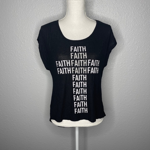 love J Tops - Black t-shirt with Christian cross graphic created worth Faith size Large